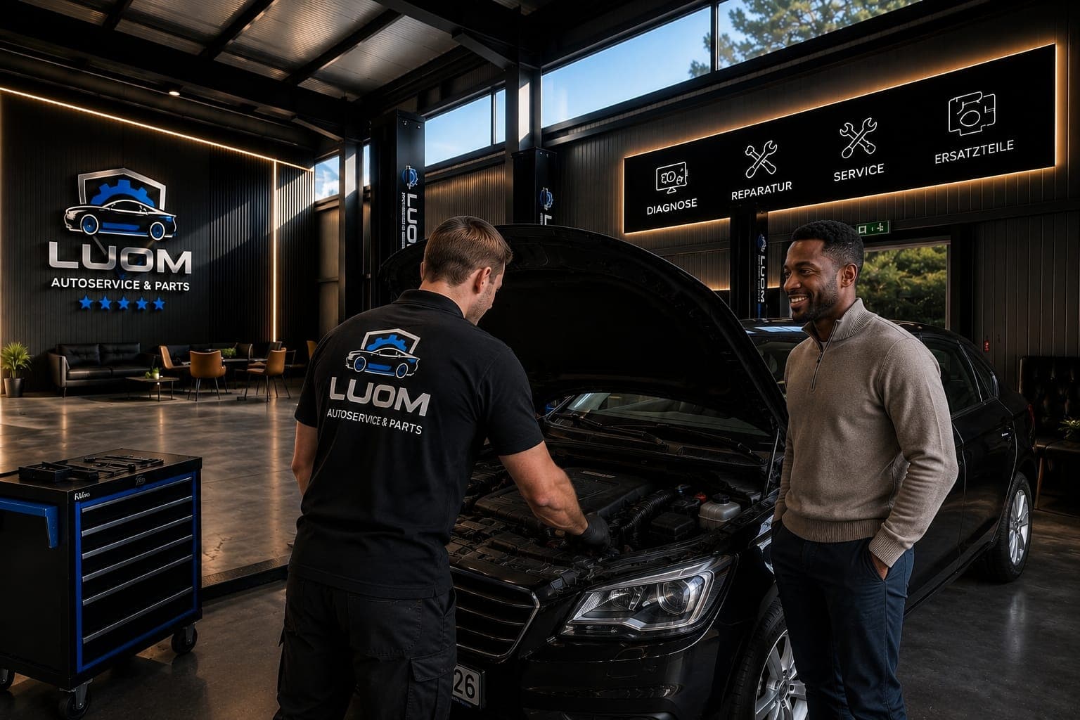 Mechaniker prüft den Motor eines Autos in einer modernen Werkstatt neben einem lächelnden Kunden.